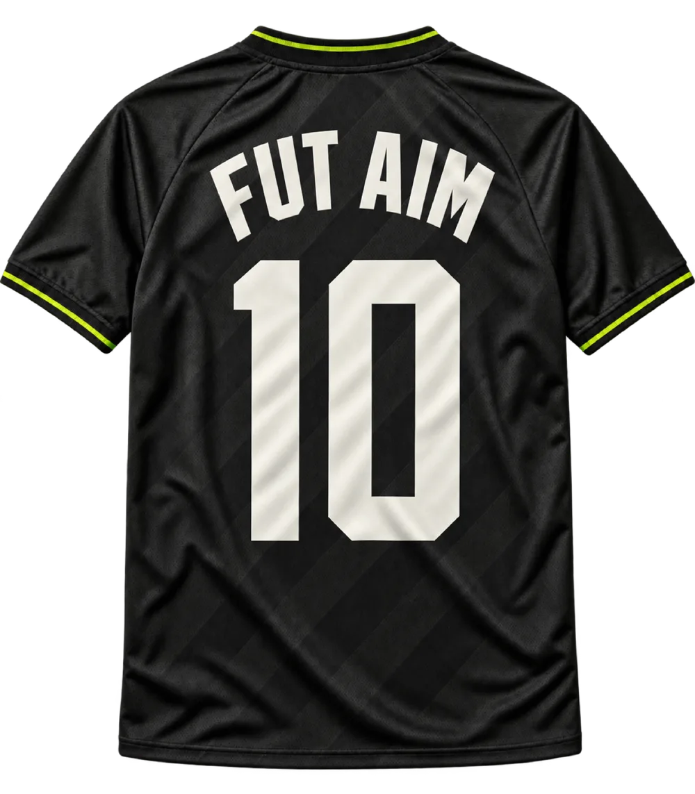 Costas de uma camisa de futebol preta com FUT AIM e o número 10